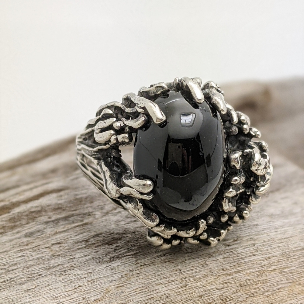 Vintage Brutalist Onyx and Sterling Ring